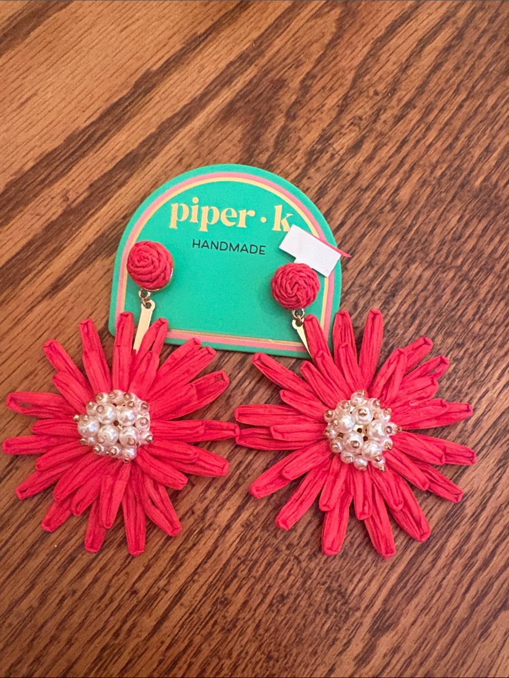 Piper Bright red Floral Pearl Center Drop Earrings